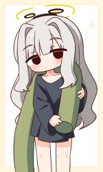  1girl absurdres black_eyes black_shirt blue_archive blush border brown_border chibi closed_mouth feet_out_of_frame grey_hair hair_intakes halo hana_kazari hare_(blue_archive) hare_(pajamas)_(blue_archive) highres long_hair long_sleeves shirt solo standing very_long_hair white_background 