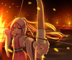  1girl arrow_(projectile) backlighting black_sash blue_eyes blunt_bangs boat bow_(weapon) closed_mouth commentary_request cowboy_shot drawing_bow fire floating_hair foreshortening hair_ornament hairclip hand_up highres holding holding_arrow holding_bow_(weapon) holding_weapon hood hood_up hooded_kimono japanese_clothes kamiyama_shiki kimono lantern layered_kimono long_hair long_sleeves looking_at_viewer night ocean open_clothes open_kimono outdoors outstretched_arm pink_kimono ponytail red_hair red_kimono ringed_eyes sash serious shiki_hamaguri solo striped_clothes striped_kimono summer_pockets tassel tassel_hair_ornament v-shaped_eyebrows vertical-striped_clothes vertical-striped_kimono very_long_hair watercraft weapon wide_sleeves 