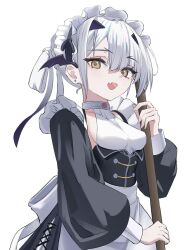  1girl apron black_corset black_dress black_shoes blush breasts commentary_request corset dress fate/grand_order fate_(series) forked_eyebrows full_body highres jewelry long_hair long_sleeves looking_at_viewer maid maid_headdress melusine_(fate) neck_ring open_mouth shoes sidelocks small_breasts smile solo white_apron white_hair yellow_eyes yugusan5 