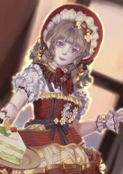  1girl absurdres apple apple_print apple_slice argyle_clothes argyle_shirt black_bow bonnet bow bowtie brown_eyes brown_hair cake cake_slice cherry chinese_commentary collar commentary_request cowboy_shot detached_collar dress eyelashes food food-themed_clothes food-themed_hair_ornament food_print frilled_collar frilled_headwear frilled_sleeves frilled_wrist_cuffs frills fruit fruit_print hair_bow hair_ornament happy highres holding holding_plate impasto indoors infinity_nikki light_blush lipstick low_twintails makeup medium_hair nikki_(series) open_mouth orange_(fruit) orange_sky orange_slice outline pinafore_dress pink_lips plate pluto7769 print_dress puffy_short_sleeves puffy_sleeves red_bonnet red_bow red_bowtie red_collar red_dress ribbon-trimmed_sleeves ribbon_trim shirt short_sleeves short_twintails single_stripe sky sleeve_bow sleeveless sleeveless_dress smile solo striped_bow striped_clothes striped_dress sunset sweet_memories_(infinity_nikki) teeth twintails two-tone_collar upper_teeth_only waist_bow wavy_hair white_shirt white_wrist_cuffs window wrist_cuffs yellow_collar yellow_outline 