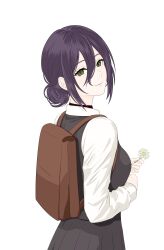  1girl absurdres backpack bag chainsaw_man closed_mouth commentary dlxvm dress flower fourth_east_high_school_uniform green_eyes hair_between_eyes hair_bun highres holding holding_flower light_smile looking_at_viewer pinafore_dress purple_hair reze_(chainsaw_man) school_uniform shirt sleeveless sleeveless_dress solo white_flower white_shirt 