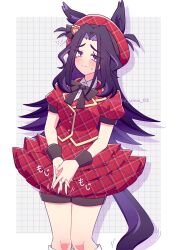  1girl absurdres animal_ears black_bow black_hair black_shorts black_wrist_cuffs blush bow breasts closed_mouth collared_shirt commentary_request ears_through_headwear fenomeno_(umamusume) flipped_hair hat highres horse_ears horse_girl horse_tail jacket long_hair looking_at_viewer multicolored_hair official_alternate_costume purple_hair red_jacket red_skirt shirt shorts shorts_under_skirt simple_background skirt sweatdrop tail umamusume violet_eyes w3n6e white_shirt wrist_cuffs 