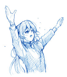  1girl arms_up ballpoint_pen_(medium) commentary_request crossdressing crossdressing_(ftm) fu_hua gakuran honkai_(series) honkai_impact_3rd jacket long_sleeves mon_momu open_mouth pen_(medium) school_uniform semi-rimless_eyewear solo traditional_media upper_body white_background 