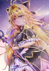  1girl antenna_hair black_capelet brooch capelet commander_kei commentary_request cure_arcana_shadow diamond_hairband frilled_capelet frilled_cuffs frills hair_intakes heart heart_brooch highres holding holding_rod jewelry long_hair looking_at_viewer looking_back magical_girl meitantei_precure! moria_luluka precure purple_veil purple_wrist_cuffs rod sky star_(sky) starry_sky tear_arcana_rod veil wrist_cuffs 