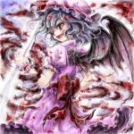  bat_wings blue_hair blush hat lance nanashii_(soregasisan) polearm red_eyes remilia_scarlet short_hair silver_hair solo spear_the_gungnir touhou weapon wings 