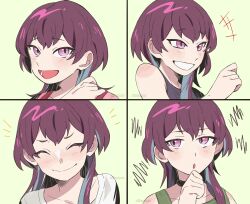  +++ 1girl artist_name black_shirt blue_hair blush chikuseren closed_mouth collarbone commentary expression_chart facing_viewer green_background green_shirt grin hand_on_own_chin hand_on_own_shoulder hand_up highres jellyfish_cut long_hair looking_ahead looking_at_viewer looking_to_the_side multicolored_hair multiple_expressions multiple_views open_mouth original purple_hair red_shirt shirt smile squiggle streaked_hair two-tone_hair untranslatable_commentary violet_eyes white_shirt 
