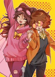  2girls :d :o ^_^ androgynous animification arm_up black_pants black_sweater_vest brown_hair butch/femme_couple cape cardigan chinese_commentary closed_eyes collared_shirt commentary_request couple double_bun goggles goggles_on_head hair_bun happy highres holding_hands hood hood_down hoodie jumperwho lifesteal_smp long_hair long_sleeves minecraft_youtube moonlyreef multiple_girls neck_ribbon open_cardigan open_clothes open_mouth orange_cardigan orange_hair pants pink_cape pink_hoodie pink_pants ribbon round_eyewear second-party_source shirt shoes short_hair smile squiddo standing standing_on_one_leg sunglasses sweater_vest torn_clothes torn_pants white_shirt white_shoes yellow_ribbon yuri 