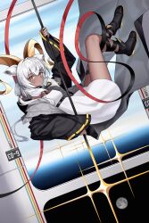  1girl absurdres animal_ears arknights beeswax_(arknights) black_boots black_collar black_jacket blush boots collar commentary_request dark-skinned_female dark_skin dress goat_ears goat_girl goat_horns highres horns jacket long_hair long_sleeves looking_at_viewer off_shoulder smile solo white_dress white_hair yellow_eyes zhengqi_zhizi_sg 