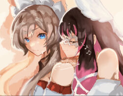  2girls bare_shoulders black_hair blue_eyes bonnet bow brown_hair closed_eyes closed_mouth columbina_(genshin_impact) commentary detached_collar detached_sleeves dress eye_mask from_side genshin_impact hair_ornament head_wings kitsunetenma long_hair mask multicolored_hair multiple_girls multiple_wings musical_note purple_hair purple_streaks ribbon sandrone_(genshin_impact) simple_background smile streaked_hair two-tone_hair very_long_hair white_dress white_wings wing_hair_ornament wings x-shaped_eyewear yuri 