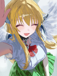  1girl :d astraea_(sora_no_otoshimono) blonde_hair bow bowtie closed_eyes collar collared_shirt commentary_request green_skirt hand_up highres katsura_hatori light_blush long_hair metal_collar red_bow red_bowtie robot_ears school_uniform shirt short_sleeves skirt smile solo sora_no_otoshimono white_shirt white_wings wings 