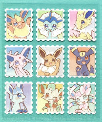  :d animal_focus aqua_border black_eyes black_fur blue_eyes blue_fur border bow bright_pupils brown_eyes brown_fur commentary_request eevee espeon facial_mark fins fish_tail flareon forehead_jewel forehead_mark glaceon green_fur head_fins highres jolteon leaf leafeon looking_at_viewer neck_fur no_humans one_eye_closed open_mouth orange_fur pawpads pink_fur pokemon pokemon_(creature) pokemon_focus postage_stamp purple_fur red_eyes ribbon sidelocks simple_background smile spiked_tail sylveon tail umbreon upper_body vaporeon violet_eyes wataame_(tulip) white_fur white_pupils yellow_fur 