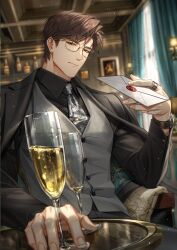  1boy absurdres alcohol black_shirt blurry blurry_background brown_hair champagne champagne_flute closed_mouth collared_shirt cup curtained_hair curtains drinking_glass envelope game_cg glasses grey_vest highres holding indoors jacket jewelry letter light_and_night_love long_sleeves looking_at_viewer lu_chen male_focus necktie non-web_source official_art red_eyes ring shirt sitting solo vest watch watch 