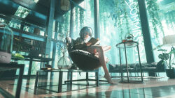  1girl absurdres blue_hair blurry blurry_foreground book bookshelf braid chair clock closed_mouth commentary commission couch cup drinking_glass feet from_below glass_table highres indoors long_hair mr_ito original plant potted_plant reading scenery single_braid sitting smile solo table thigh-highs thighs white_hair white_thighhighs window wooden_floor 