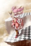  alternate_costume boots checkered checkered_floor highres kaname_madoka kaneko_tsukasa long_hair magical_girl mahou_shoujo_madoka_magica pink_eyes pink_hair serious solo twintails 