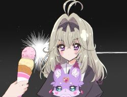  antenna_hair black_capelet black_dress blush brooch capelet closed_mouth commentary_request dress food grey_hair hair_intakes heart heart_brooch highres holding holding_food holding_ice_cream holding_ice_cream_cone ice_cream ice_cream_cone jewelry long_hair looking_at_viewer mashu-tan meitantei_precure! moria_luluka multiple_scoops open_mouth precure shinji_(udonteishoku) violet_eyes 