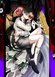  1boy absurdres alternate_costume antenna_hair apple black_eyes black_hair black_necktie black_shoes black_shorts black_vest bright_pupils closed_mouth collared_shirt commentary flower food fruit hair_between_eyes highres holding holding_knife knife long_sleeves looking_at_viewer male_focus necktie omori rxoayurvvt3494 sheet_music shirt shoes short_hair shorts socks solo something_(omori) sunflower sunny_(omori) tulip vest white_flower white_pupils white_shirt white_socks white_tulip 