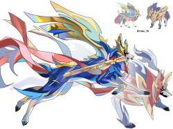  absurdres animal_focus highres holding holding_sword holding_weapon karmaho mouth_hold no_humans official_artist_extra pokemon pokemon_(creature) pokemon_focus simple_background sword sword_in_mouth weapon yellow_eyes zacian zacian_(crowned) zamazenta zamazenta_(crowned) 