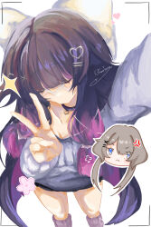  2girls alternate_costume artist_name black_hair bow closed_eyes closed_mouth columbina_(genshin_impact) eye_mask genshin_impact hair_bow hair_ornament hair_ribbon highres kitsunetenma long_hair mask multicolored_hair multiple_girls picture_frame purple_hair purple_streaks ribbon sandrone_(genshin_impact) selfie short_hair_with_long_locks simple_background streaked_hair two-tone_hair v very_long_hair white_background white_bow x-shaped_eyewear 