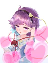  1girl absurdres black_hairband blue_shirt blush buttons collared_shirt commentary_request eyeball frilled_shirt_collar frilled_sleeves frills hair_ornament hairband heart heart_button heart_hair_ornament highres komeiji_satori looking_at_viewer open_mouth purple_hair ribbon-trimmed_collar ribbon_trim shirt simple_background solo third_eye tosamiubi touhou violet_eyes white_background 