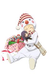 1girl artist_request binoculars blonde_hair blush character_doll child christmas closed_eyes doll full_body game_cg gift holding holding_doll official_alternate_costume official_art on_floor open_mouth patty_fleur patty_fleur_(snowy_someone) simple_background sitting smile snowman_costume solo tales_of_(series) tales_of_asteria tales_of_vesperia third-party_source transparent_background yuri_lowell 