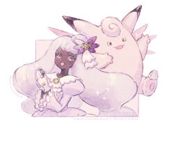  1girl :d ascot border bow clefable dark-skinned_female dark_skin dress fascinator frilled_ascot frills glove_bow gloves gold_ring jacinthe_(pokemon) long_hair long_sleeves looking_at_viewer low_drills mega_stone open_mouth pink_background pokemon pokemon_(creature) pokemon_legends:_z-a purple_bow purple_dress purple_hair ryokuno_green simple_background smile standing upper_body violet_eyes white_border white_gloves wings 
