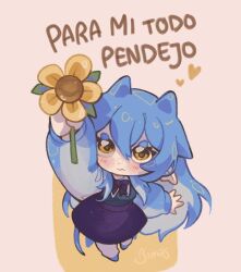  1girl bimas bimas_(vtuber) blue_hair closed_mouth dress flower flower_request holding holding_flower long_hair looking_at_viewer multicolored_hair original pointy_ears purple_ribbon purple_skirt ribbon skirt spanish_text virtual_youtuber yellow_eyes yellow_flower 