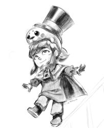  1girl :3 a_hat_in_time animal_on_head ankle_boots artist_name blush_stickers boots cape child closed_mouth commentary english_commentary full_body greyscale hair_tie hat hat_kid hat_ribbon highres jacket long_sleeves looking_up medium_hair monochrome on_head outstretched_arms pants ponytail ribbon seal_(animal) sidelocks slyziakello smile solo spread_arms top_hat white_background zipper_pull_tab 