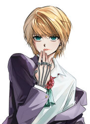  alternate_eye_color androgynous ascot blonde_hair chain collared_shirt commentary crystal_earrings earrings formal_clothes green_eyes hand_chains highres hunter_x_hunter jewelry kurapika lipstick looking_at_viewer m4s_hits makeup multiple_rings nen_(hunter_x_hunter) red_lips ring shirt short_hair simple_background smeared_lipstick solo suit upper_body white_background 