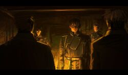  2ngap absurdres amestris_military_uniform black_hair blue_jacket collared_jacket commentary english_commentary fullmetal_alchemist highres jacket military military_jacket military_uniform multiple_boys roy_mustang shaded_face 