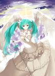  aqua_eyes aqua_hair breasts cleavage cozyquilt dress elbow_gloves flower gloves hair_flower hair_ornament hair_ribbon hand_on_chest hand_on_own_chest hand_to_chest hatsune_miku highres large_wings long_dress long_hair looking_at_viewer microphone microphone_stand ribbon solo twintails vocaloid white_dress wings 