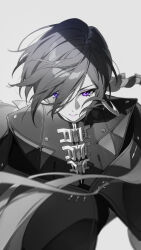  1girl absurdres chinese_commentary cloak closed_mouth commentary_request crescent crescent_earrings earrings floating_hair from_above grey_background greyscale hair_over_one_eye highres jewelry long_hair monochrome promeia_(zenless_zone_zero) shadow simple_background solo spot_color sylvia_(huajiuhuajiu) very_long_hair violet_eyes zenless_zone_zero 