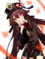  1girl amamiyayk black_nails blurry blurry_foreground brown_hair chinese_clothes chinese_commentary commentary_request cowboy_shot flat_chest flower genshin_impact grin hair_between_eyes hat hat_flower high_collar highres hu_tao_(genshin_impact) jewelry leaning_to_the_side long_hair long_sleeves looking_at_viewer nail_polish plum_blossoms red_eyes ring shirt shorts simple_background smile solo symbol-shaped_pupils tailcoat tassel twintails v v_over_mouth very_long_hair white_background wide_sleeves 