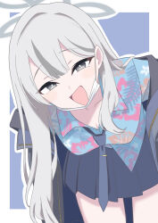  1girl bent_over blue_archive blue_background blue_necktie blue_shirt blue_skirt border breasts bright_pupils caahii commentary_request cowboy_shot floral_print floral_print_shirt grey_eyes grey_hair grey_halo grey_jacket halo hawaiian_shirt highres jacket jacket_partially_removed konoka_(blue_archive) long_hair looking_at_viewer mask mask_pull medium_breasts miniskirt mouth_mask necktie open_mouth outline outside_border pleated_skirt print_shirt shirt simple_background skirt smile solo surgical_mask white_border white_mask white_outline white_pupils 