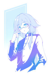  1girl commentary_request crossdressing crossdressing_(ftm) earphones earphones fu_hua gakuran highres honkai_(series) honkai_impact_3rd jacket long_sleeves mon_momu school_uniform semi-rimless_eyewear solo upper_body white_background 