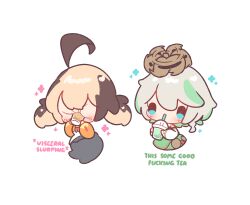  2girls ahoge blonde_hair blue_eyes blush brown_hair bubble_tea cecilia_immergreen chibi chibi_only closed_mouth commentary cup decrilus drinking english_commentary english_text gigi_murin green_streaks grey_hair highres holding holding_cup hololive hololive_english meme multicolored_hair multiple_girls profanity simple_background slur_(profanity) spinning streaked_hair thour_(meme) two-tone_hair virtual_youtuber white_background winding_key 