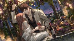  1boy 1girl alcohol black_shirt bottle bracelet braid bread brown_hair candle cup curtained_hair dress drinking_glass food fruit game_cg grapes highres holding holding_cup jacket jewelry light_and_night_love looking_at_another lu_chen necklace night non-web_source official_art pink_hair protagonist_(light_and_night_love) red_eyes ring shirt sky tree white_dress wine wine_bottle wine_glass 