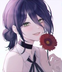  1girl black_choker black_ribbon chainsaw_man choker collared_shirt commentary flower green_eyes hair_between_eyes hair_bun highres holding holding_flower looking_at_viewer neck_ribbon purple_hair ranyong red_flower reze_(chainsaw_man) ribbon shirt simple_background sleeveless sleeveless_shirt solo white_background white_shirt 