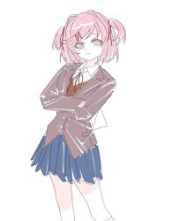  1girl blazer blue_skirt bright_pupils brown_jacket buttons closed_mouth collared_shirt commentary crossed_arms doki_doki_literature_club_school_uniform dot_nose english_commentary frown hair_ornament hair_ribbon holding holding_paper jacket light_blush natsuki_(doki_doki_literature_club) neck_ribbon orange_sweater_vest paper pink_eyes pink_hair pleated_skirt pocket rachel_campbell raised_inner_eyebrows red_ribbon ribbon school_uniform shirt short_hair simple_background skirt socks solo standing sweater_vest two_side_up white_background white_pupils white_shirt white_socks x_hair_ornament 