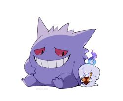  blue_fire commentary_request eating fire food food_on_face gengar grin highres holding litwick no_humans pokemon pokemon_(creature) pokemon_focus sitting smile tako2_eaka teeth twitter_username white_background 
