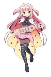  1girl animal_ears belt belt_buckle black_boots black_gloves black_shirt black_shorts blunt_bangs blush bodystocking boots buckle cloak closed_mouth commentary_request covered_navel crop_top dot_nose full_body gecchu gloves gold_buckle hair_ears hands_up highres hood hood_down hooded_cloak jewelry knees_together_feet_apart lace-up_boots light_blush light_smile long_hair looking_at_viewer magia_record:_mahou_shoujo_madoka_magica_gaiden magical_girl mahou_shoujo_madoka_magica miniskirt navel official_style own_hands_together pink_belt pink_eyes pink_hair pink_skirt pleated_skirt rabbit_ears ring sample_watermark shirt shorts shorts_under_skirt sidelocks simple_background skirt smile solo soul_gem standing studded_belt tamaki_iroha thigh_boots turtleneck turtleneck_shirt watermark white_background white_cloak white_hood 