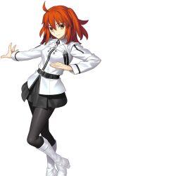  1girl ahoge belt black_belt black_pantyhose black_skirt boots breasts buttons closed_mouth collared_shirt command_spell fate/grand_order fate_(series) feet_out_of_frame fingernails fujimaru_ritsuka_(female) fujimaru_ritsuka_(female)_(normal_chaldea_uniform) hair_between_eyes hands_up high_heel_boots high_heels long_sleeves looking_at_viewer medium_breasts miniskirt non-web_source official_art one_side_up orange_eyes pantyhose pleated_skirt red_hair shirt short_hair sidelocks simple_background skirt smile solo standing takeuchi_takashi transparent_background white_boots white_shirt 