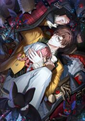  1boy 1girl absurdres bat_(animal) belt bow bowtie braid brown_hair character_doll closed_mouth curtained_hair doll feet_out_of_frame frilled_sleeves frills game_cg glasses highres jacket light_and_night_love long_sleeves looking_at_viewer lu_chen lying male_focus non-web_source official_art on_back pants pink_hair protagonist_(light_and_night_love) red_eyes shirt stuffed_animal stuffed_toy veil vest white_bow white_bowtie white_pants yellow_jacket 