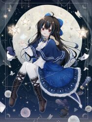  1girl absurdres ahoge ankle_boots black_boots black_hair blue_bow blue_capelet blue_dress blue_hair blue_skirt boots bow capelet commentary commission constellation dress envelope frilled_skirt frills full_body hair_bow highres indie_virtual_youtuber kokoshira_0510 long_hair looking_at_viewer moon multicolored_hair night pantyhose parted_lips red_eyes shirt skeb_commission skirt sky smile solo star_(sky) starry_sky streaked_hair tsuzuki_yuuri virtual_youtuber white_pantyhose white_shirt 