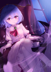  1girl absurdres ascot bat_wings black_shoes breasts brooch buttons center_frills chair closed_mouth collared_dress commentary_request crossed_legs cup dress dutch_angle falling_petals foot_out_of_frame frilled_socks frilled_wrist_cuffs frills hair_between_eyes highres hoshikage_syo indoors jewelry looking_at_viewer open_window petals pink_dress pink_petals puffy_short_sleeves puffy_sleeves purple_hair red_ascot red_eyes remilia_scarlet shoes short_hair short_sleeves signature single_wrist_cuff sitting small_breasts socks solo table teacup touhou white_socks white_wrist_cuffs window wings wrist_cuffs 