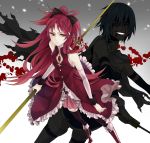  bad_id bare_shoulders blood blue_eyes blue_hair boots evil_grin evil_smile grin knee_boots kyou_zip long_hair magical_girl mahou_shoujo_madoka_magica miki_sayaka multiple_girls polearm ponytail red_hair redhead sakura_kyouko short_hair smile spoilers sword thigh-highs thighhighs torn_cape torn_clothes weapon 