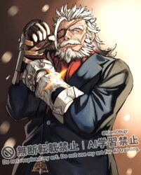  1boy antenna_hair arm_guards beard bergard_zeman commentary_request eiyuu_densetsu eyepatch facial_hair full_beard glint gradient_background hair_slicked_back kai_no_kiseki kam0tkgr kuro_no_kiseki_(series) long_sleeves male_focus short_hair simple_background smile solo twitter_username upper_body watermark white_hair 