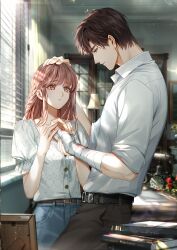  1boy 1girl absurdres bandaged_arm bandaged_hand bandages belt belt_buckle black_pants blurry braid brown_hair buckle collared_shirt curtained_hair day denim game_cg hand_on_another's_head hetero highres indoors lamp light_and_night_love light_rays looking_at_another lu_chen non-web_source official_art pants parted_lips pink_hair polka_dot protagonist_(light_and_night_love) puffy_short_sleeves puffy_sleeves red_eyes shirt short_sleeves sunlight white_shirt window window_blinds 