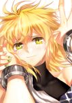  blonde_hair cuffs green_eyes hand_on_another's_face hand_to_face hands hoshiguma_yuugi irua light_smile looking_at_viewer mizuhashi_parsee nail_polish pointy_ears short_hair smile tears touhou 