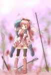  blue_hair cape carrying gloves highres lanwee long_hair magical_girl mahou_shoujo_madoka_magica miki_sayaka multiple_girls piggyback pink_eyes pink_hair polearm ponytail sakura_kyouko sword tears thighhighs torn_clothes weapon 