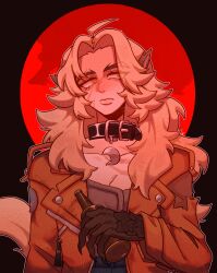  1girl alcohol animal_collar animal_ears axel_diamondis beer beer_bottle bottle collar commentary crescent crescent_necklace deadlock_(game) english_commentary full_moon highres holding holding_bottle jacket jewelry long_hair looking_to_the_side moon necklace open_clothes open_jacket orange_jacket red_moon scar scar_on_breasts scar_on_face silver_(deadlock) solo tail two-tone_background werewolf white_hair wolf_ears wolf_girl yellow_eyes 